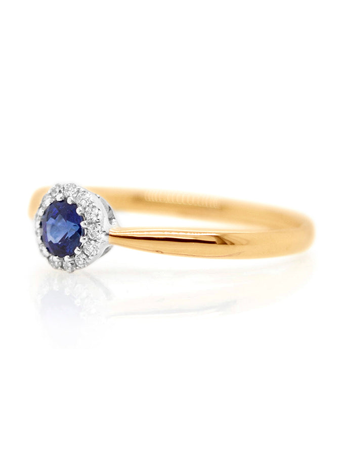 Round Sapphire & Diamond Set Halo Ring, 18K Yellow Gold.