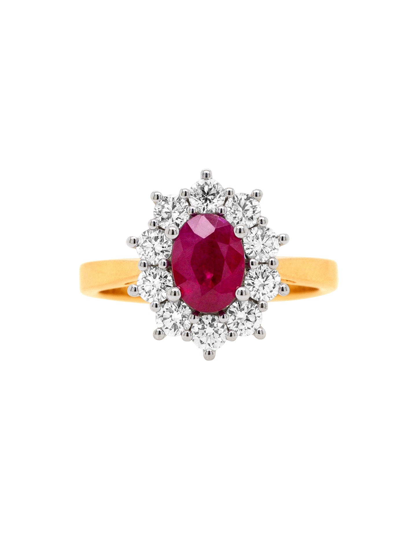 1.44 Carat Ruby & Diamond Cluster Ring, 18 Carat Yellow & White Gold