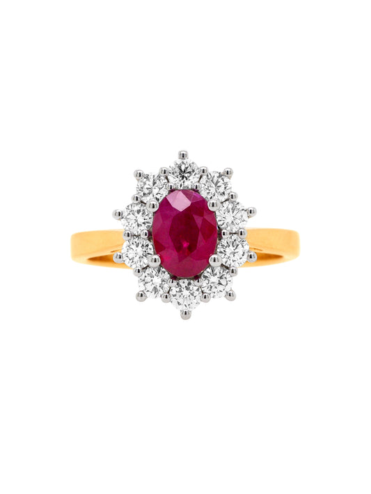 1.44 Carat Ruby & Diamond Cluster Ring, 18 Carat Yellow & White Gold