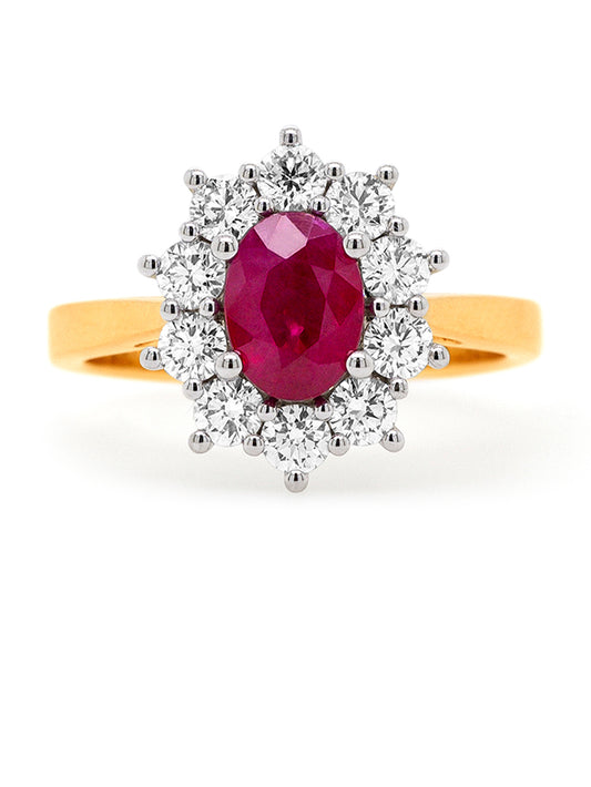 1.44 Carat Ruby & Diamond Cluster Ring, 18 Carat Yellow & White Gold