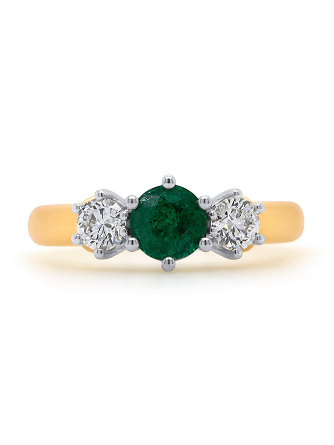 Emerald Natural 5.70mm, T=0.50ct FSI Diamond ring, 18K Yellow Gold.