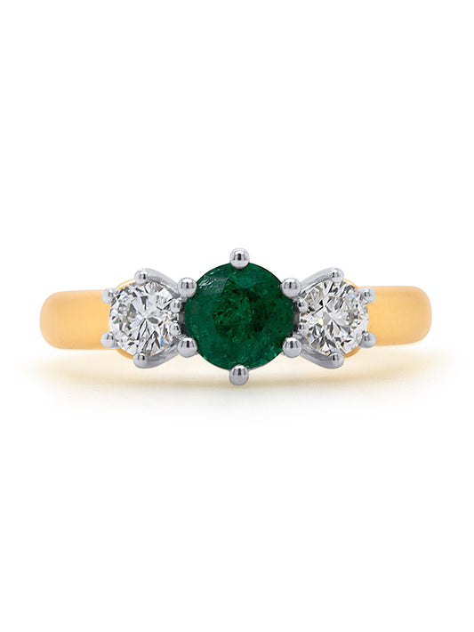 Emerald Natural 5.70mm, T=0.50ct FSI Diamond ring, 18K Yellow Gold.