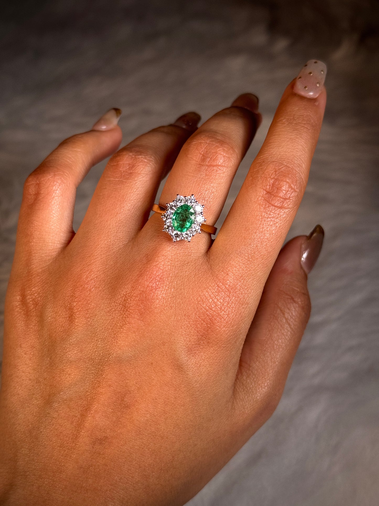 8x6mm Emerald & 0.94 Carat Diamond Cluster Ring. 18K Yellow Gold