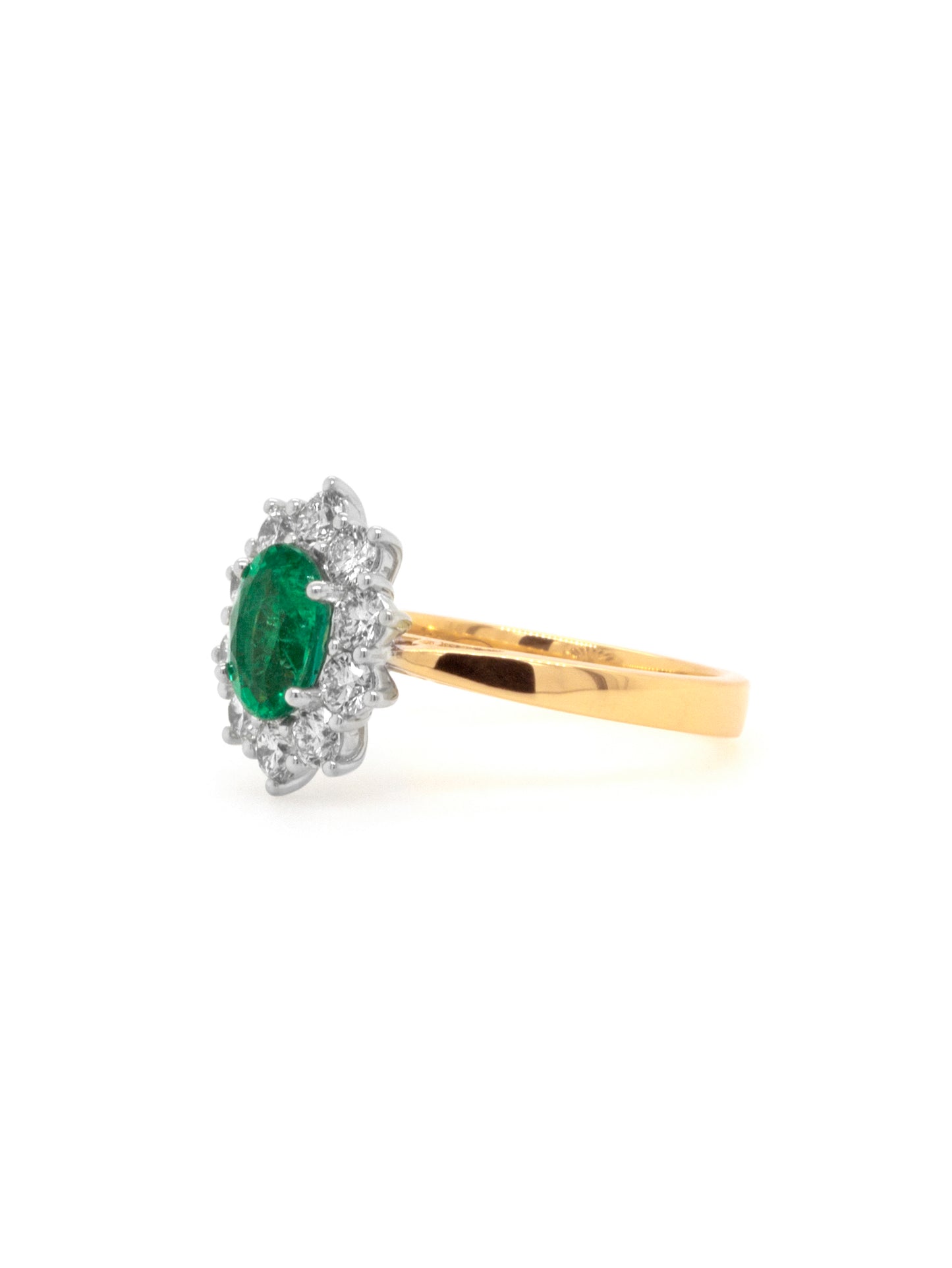 8x6mm Emerald & 0.94 Carat Diamond Cluster Ring. 18K Yellow Gold