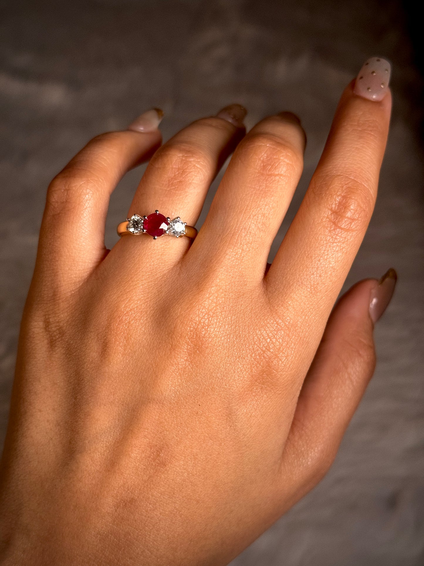 Lab Grown Diamonds 2=0.50ct & Natural 6mm Ruby ring, 18K Yellow Gold.