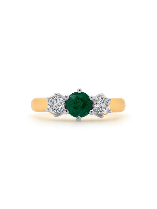 Emerald Natural 5.70mm, T=0.50ct FSI Diamond ring, 18K Yellow Gold.