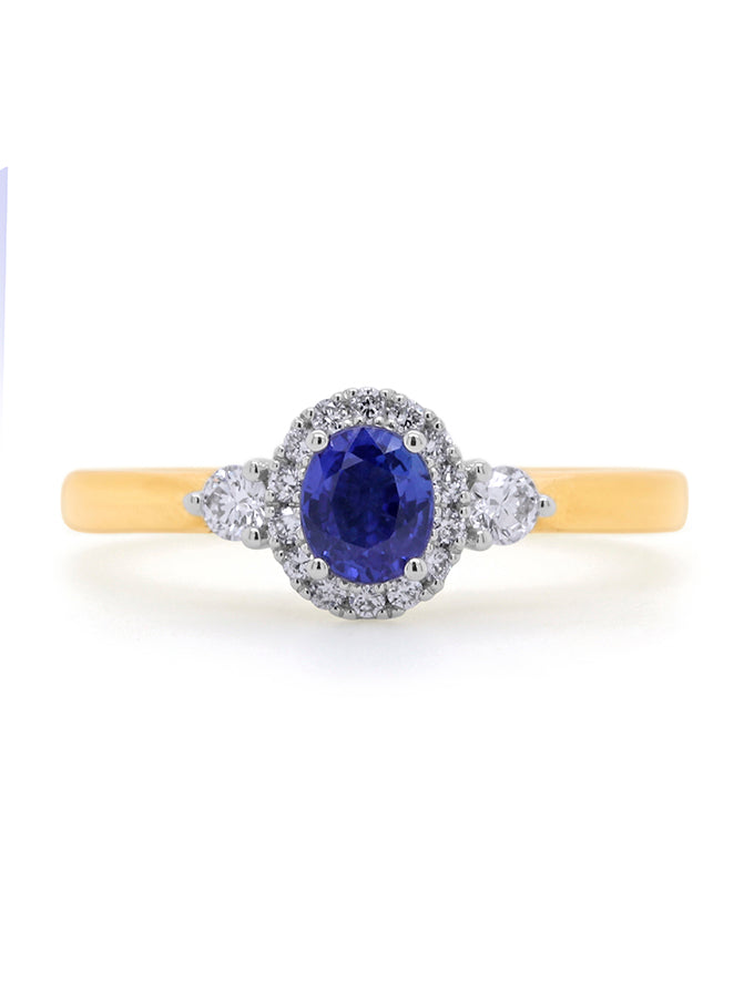 Sapphire 5x4 & 0.21ct Diamond Cluster Ring in 9 Carat Yellow Gold