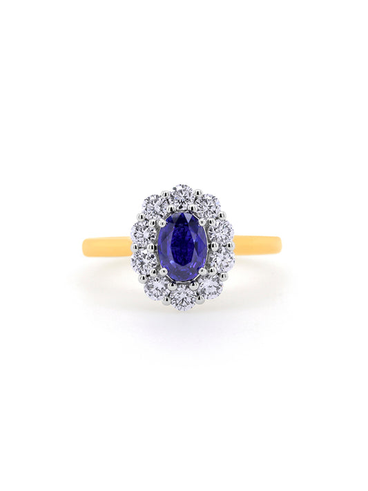 Sapphire 7x5 & 10=.70ct Diamond Cluster Ring in 18 Carat Yellow Gold