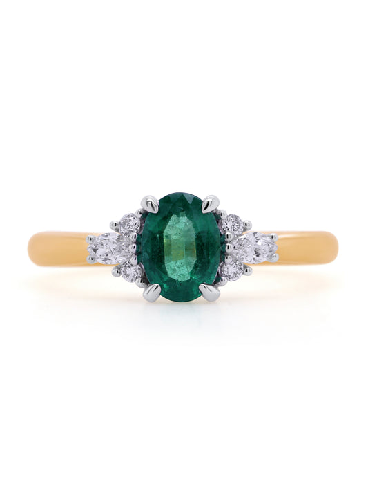 Natural Emerald & Lab Grown Diamond Ring in 18 Carat Yellow Gold.