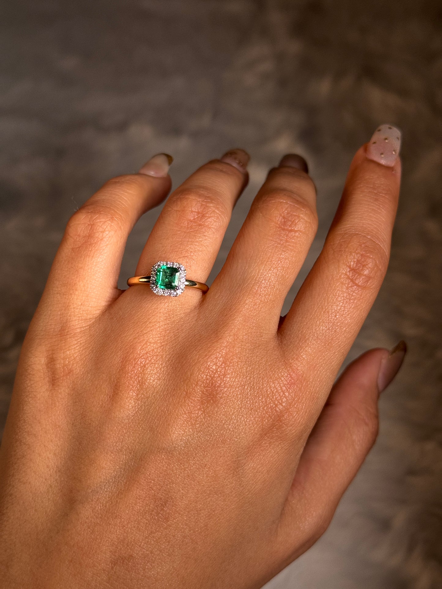 Natural Emerald Cut Emerald & Diamond Ring in 18 Carat Yellow Gold.