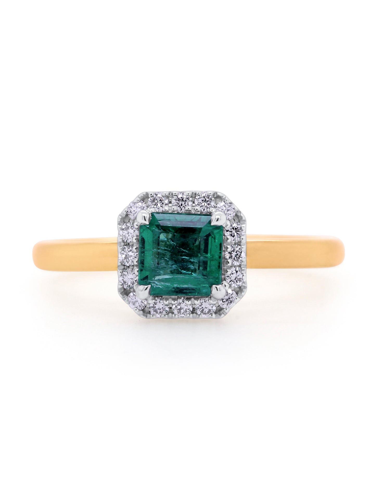 Natural Emerald Cut Emerald & Diamond Ring in 18 Carat Yellow Gold.