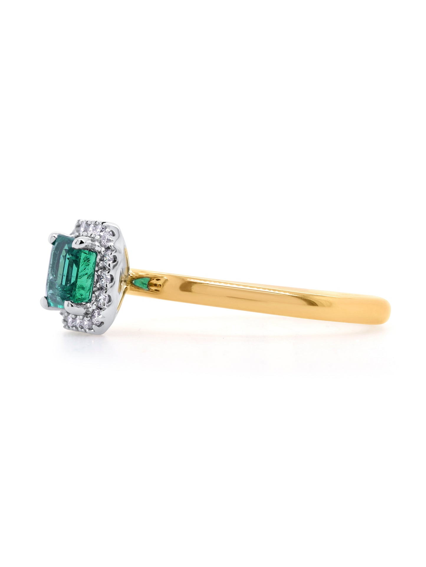 Natural Emerald Cut Emerald & Diamond Ring in 18 Carat Yellow Gold.