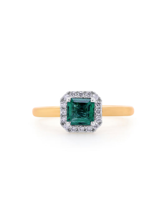 Natural Emerald Cut Emerald & Diamond Ring in 18 Carat Yellow Gold.