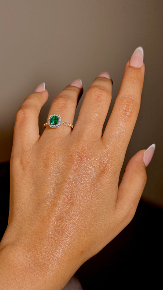 Natural Emerald Cut Emerald & Diamond Ring in 18 Carat Yellow Gold.
