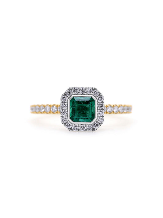 Natural Emerald Cut Emerald & Diamond Ring in 18 Carat Yellow Gold.