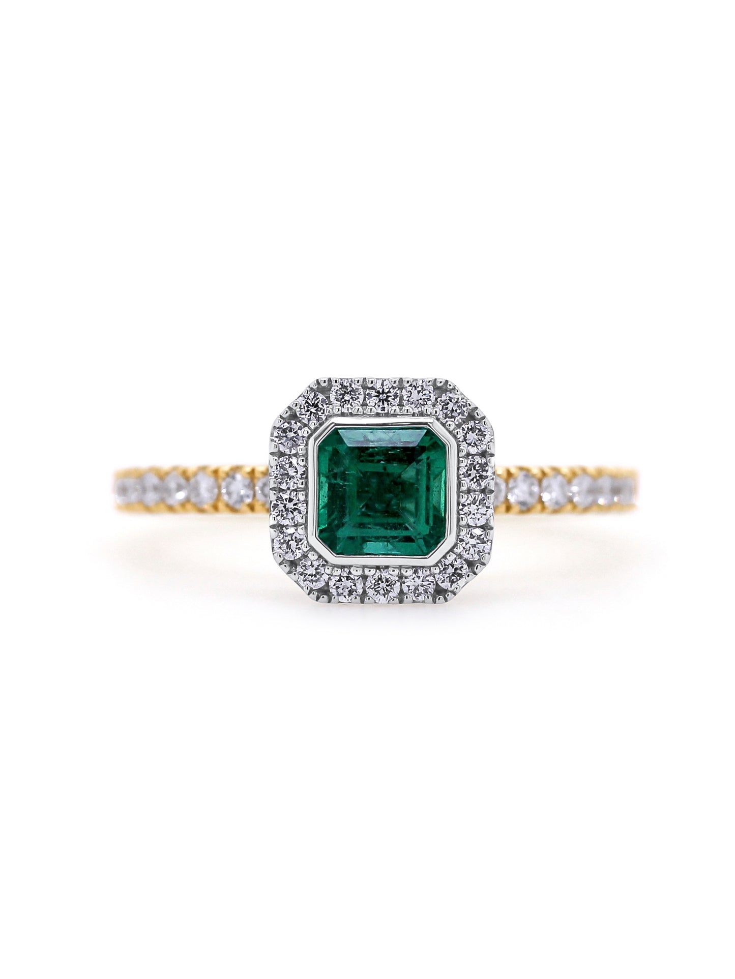 Natural Emerald Cut Emerald & Diamond Ring in 18 Carat Yellow Gold.
