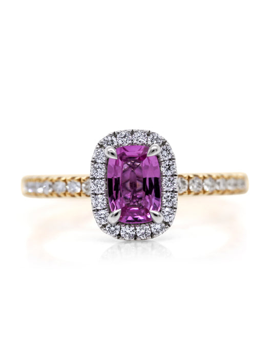 Pink Sapphire & Diamond Ring, 18K Yellow Gold,Sapphire=0.91ct.