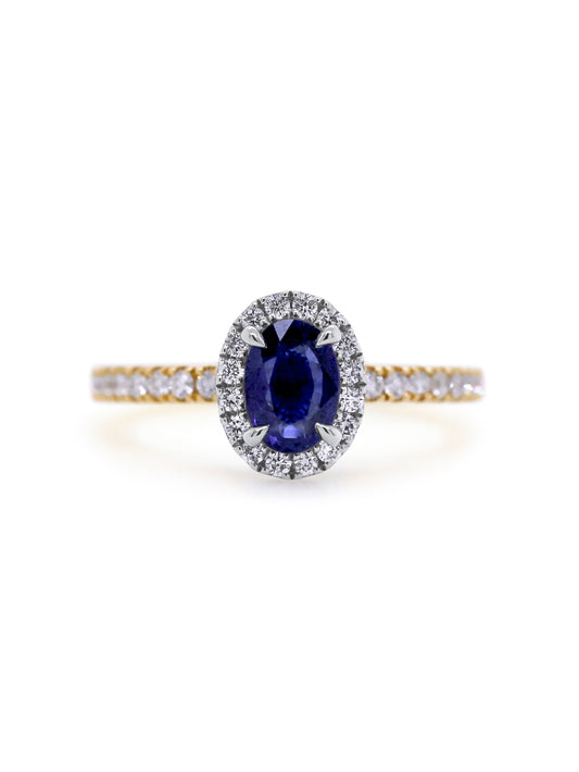 Oval Sapphire & Diamond Ring, 18K Yellow Gold, Diamonds=0.41ct.