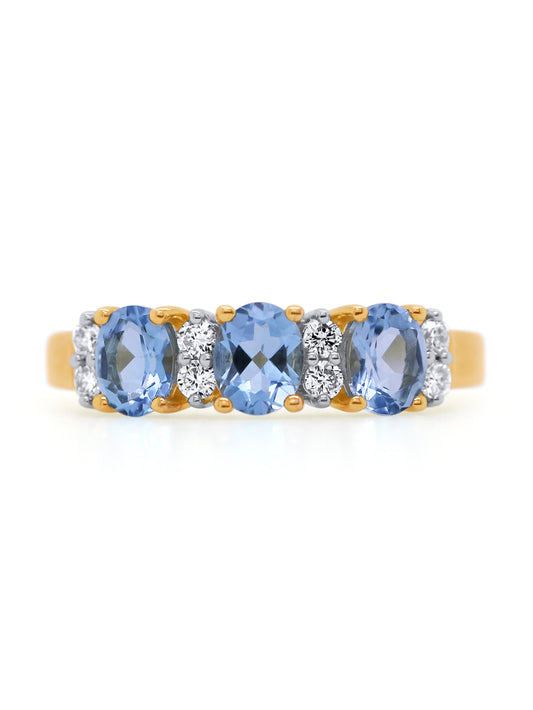 Aquamarine And Diamond Set Trilogy ring, 9k yellow gold