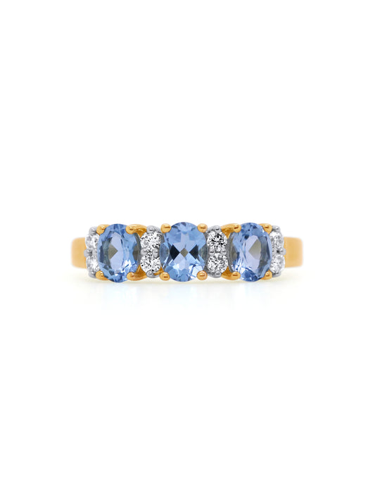 Aquamarine And Diamond Set Trilogy ring, 9k yellow gold
