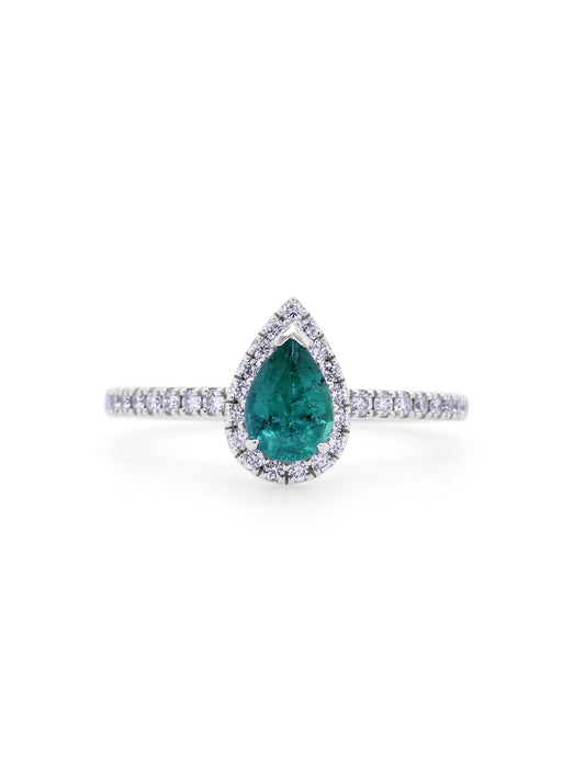 Pear Cut Natural Emerald and Diamond Set Ring, 18K White Gold