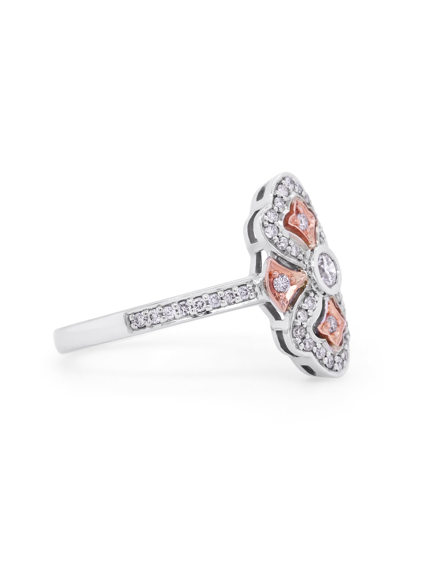 Stunning claw set pink diamonds surronded by diamond halo.