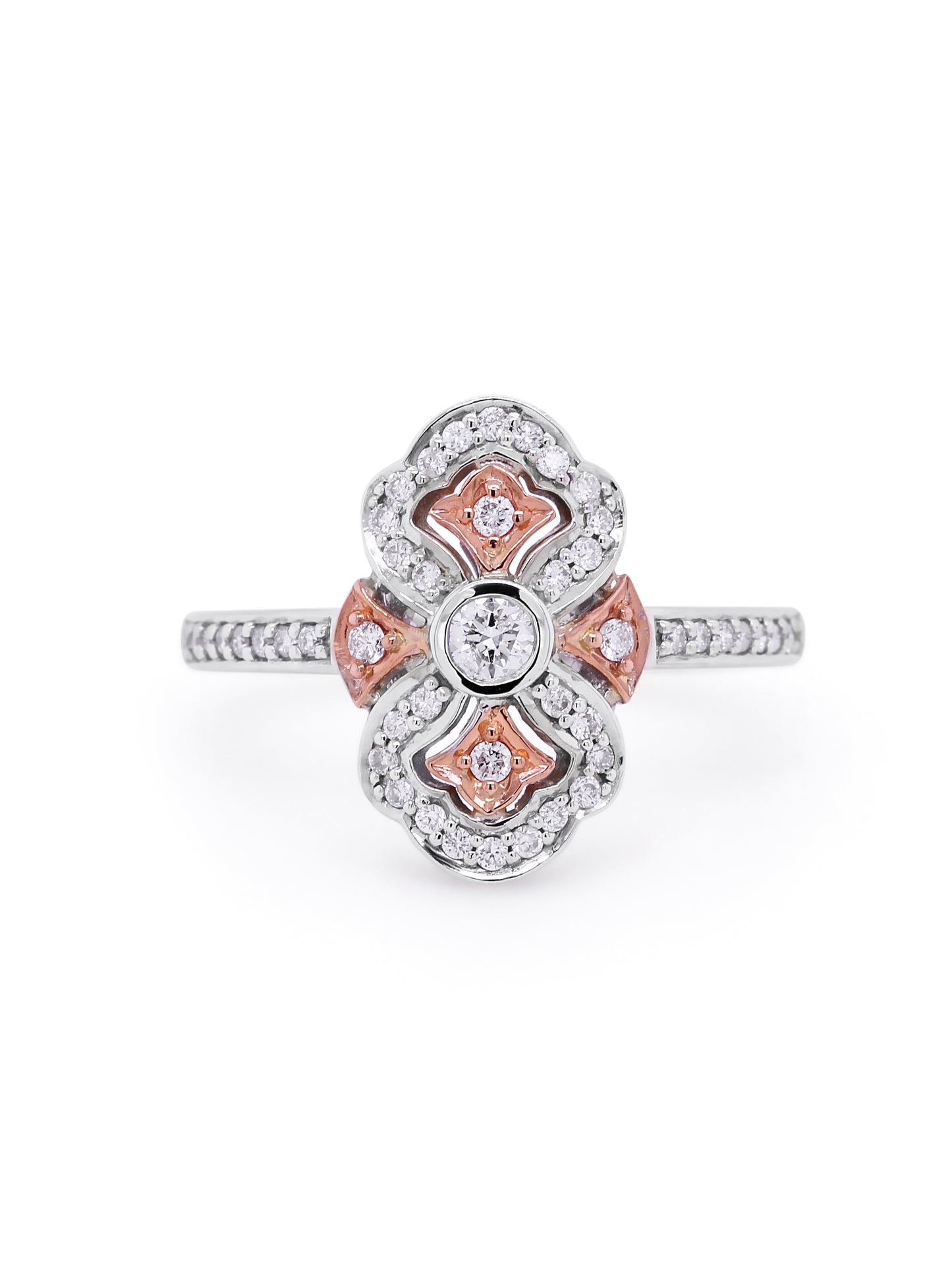 Stunning claw set pink diamonds surronded by diamond halo.