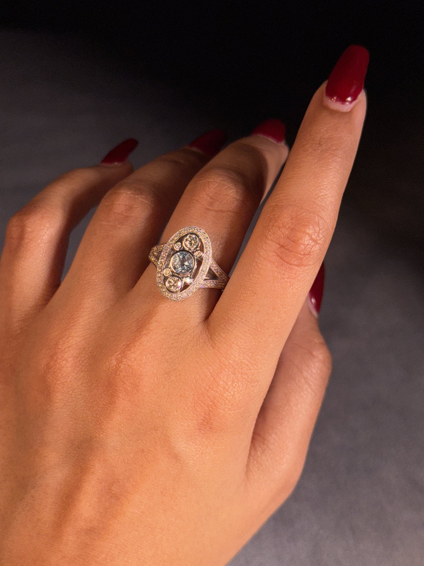 Aquamarine & Diamond Set Antique Style Ring in 9 Carat White Gold.