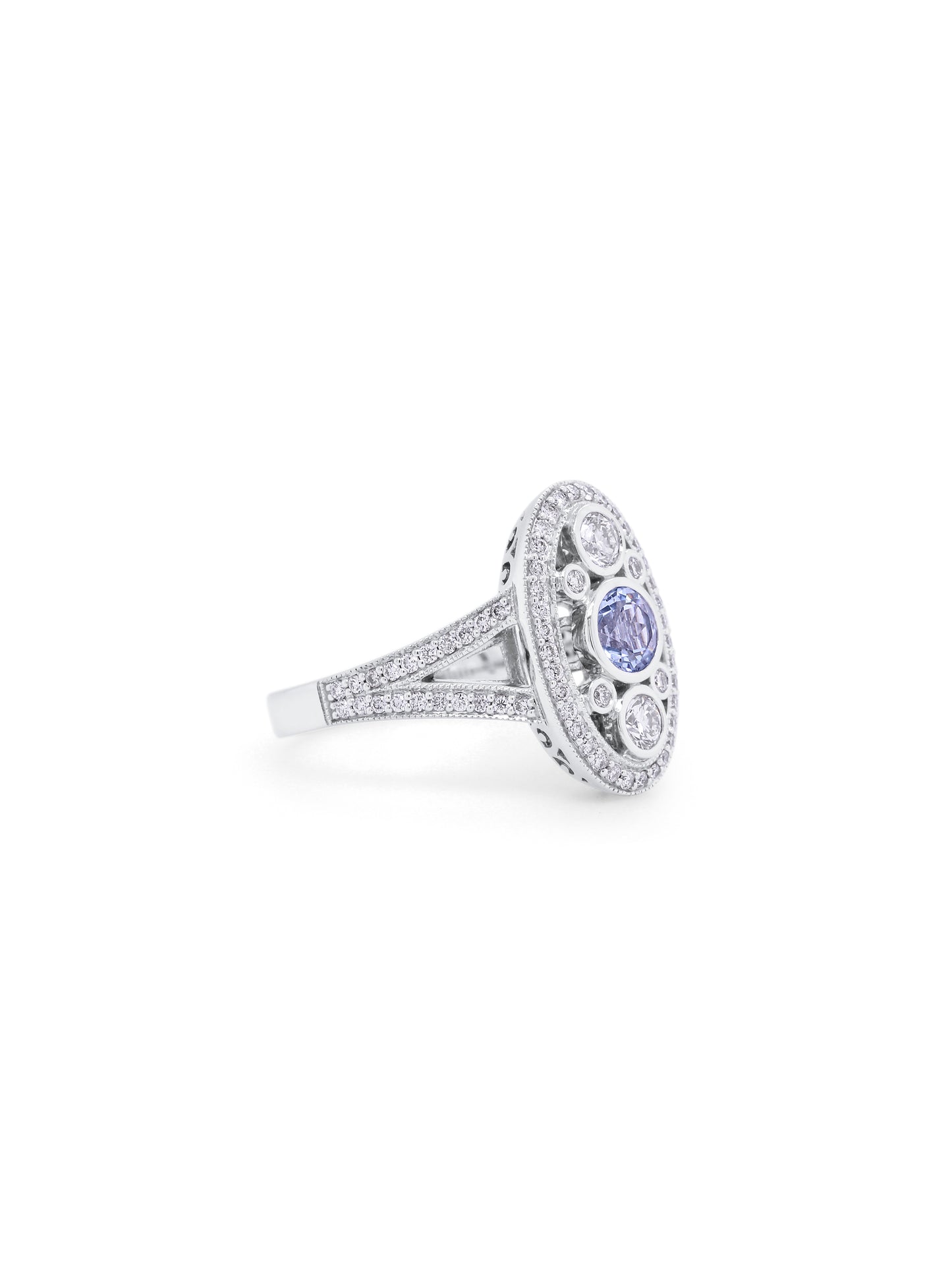 Aquamarine & Diamond Set Antique Style Ring in 9 Carat White Gold.