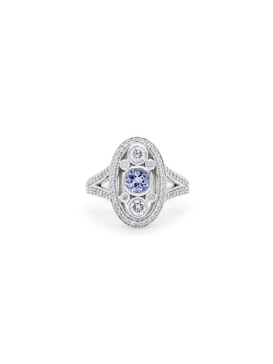 Aquamarine & Diamond Set Antique Style Ring in 9 Carat White Gold.