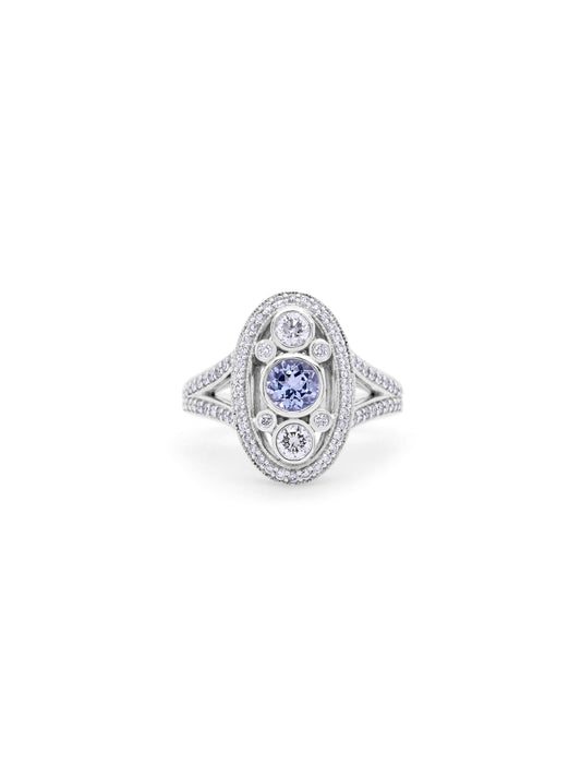 Aquamarine & Diamond Set Antique Style Ring in 9 Carat White Gold.