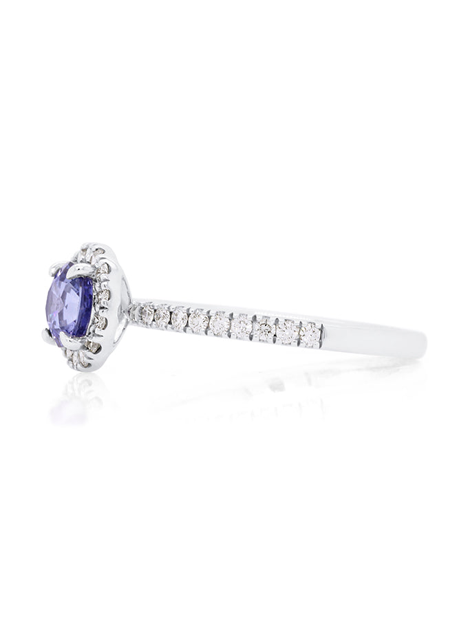 Round Halo Cluster Cornflower Blue Sapphire & Diamond Ring