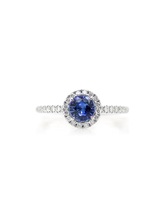 Round Halo Cluster Cornflower Blue Sapphire & Diamond Ring