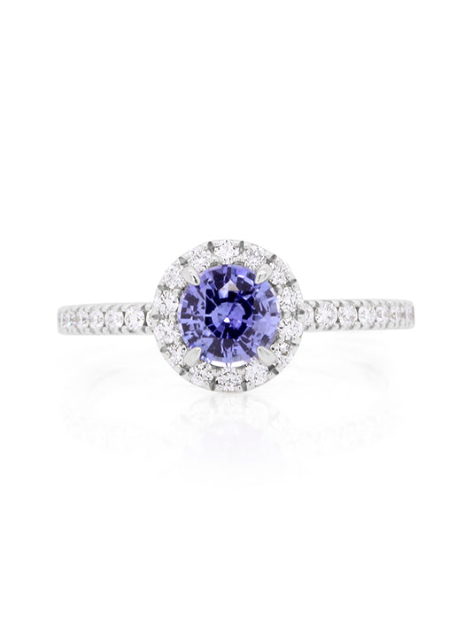 Round Halo Cluster Cornflour Blue Sapphire & Diamond Ring