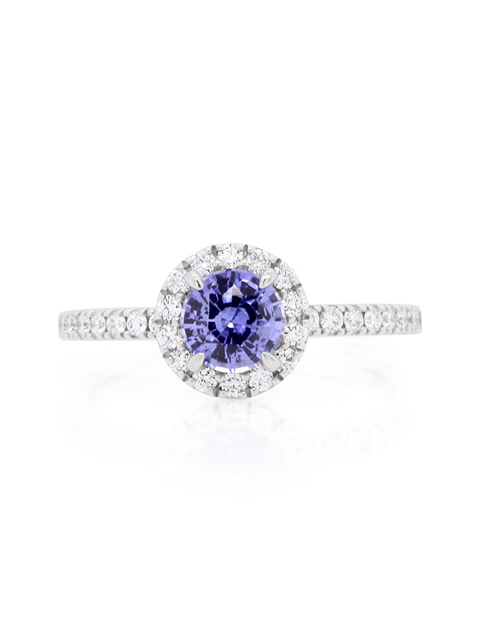 Round Halo Cluster Cornflower Blue Sapphire & Diamond Ring