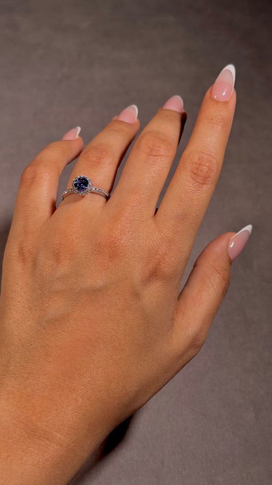 Round Halo Cluster Cornflower Blue Sapphire & Diamond Ring