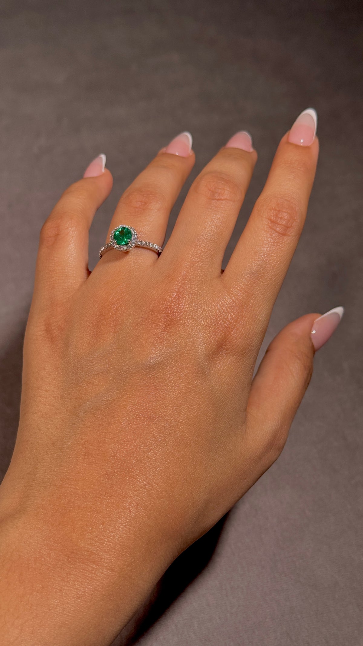 Round Halo Cluster Emerald Ring Set In 18K White Gold