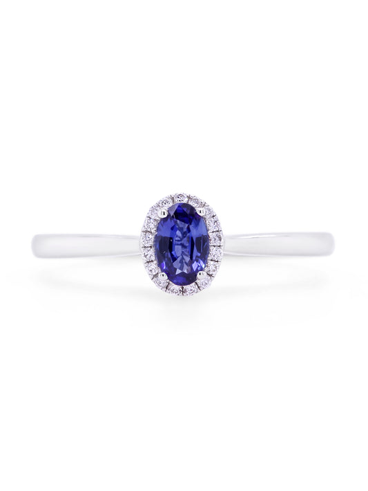 Oval Sapphire & Diamond Halo Ring, 18K White Gold.