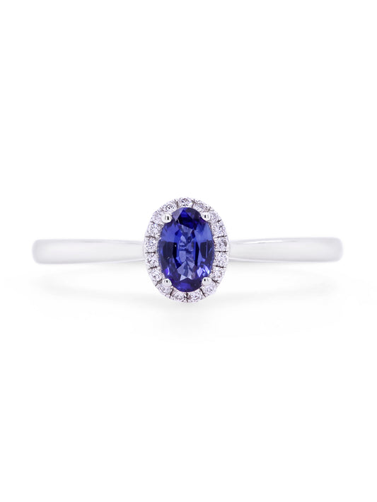 Oval Sapphire & Diamond Halo Ring, 18K White Gold.