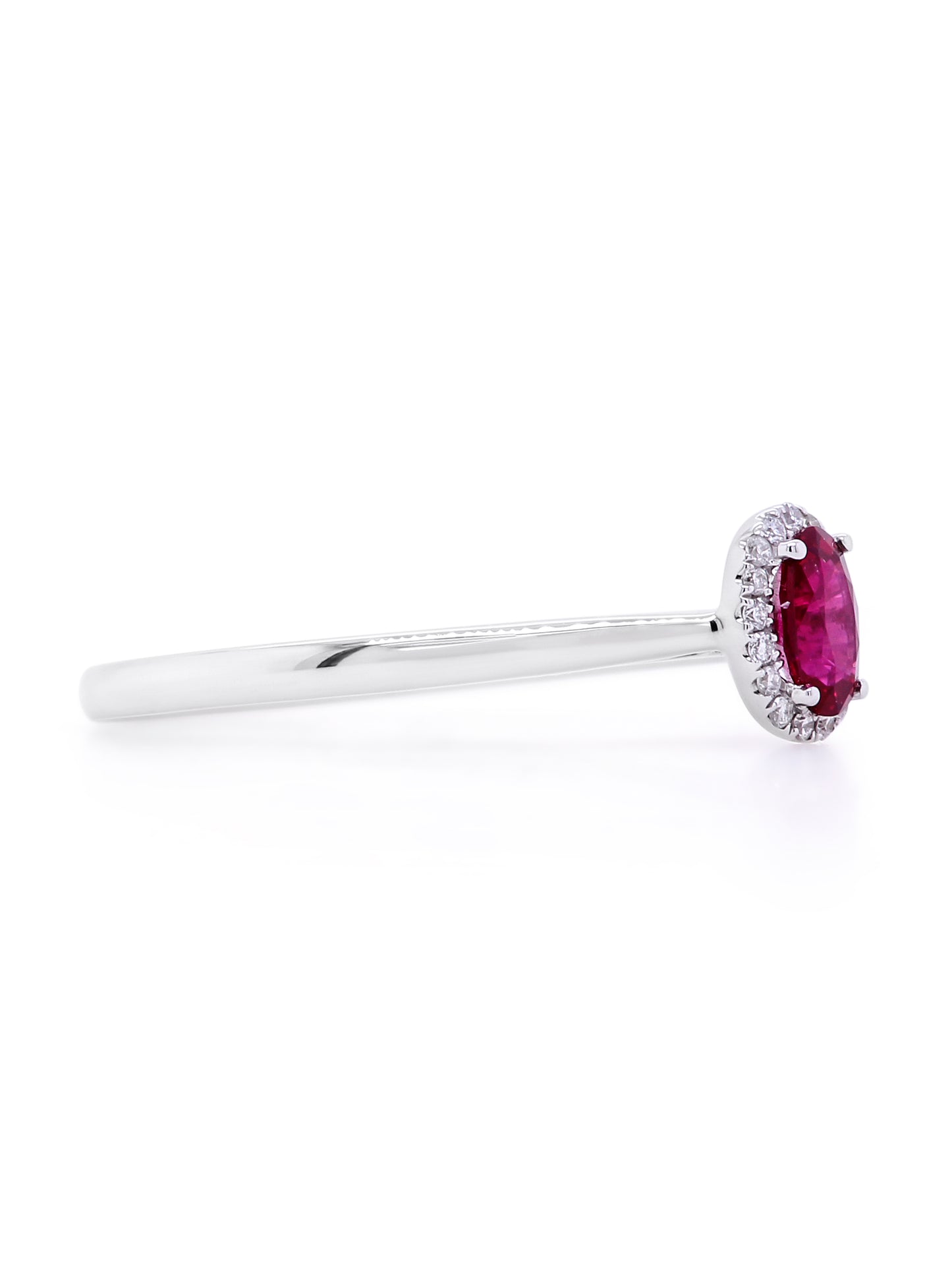 Oval Ruby & Diamond Halo Ring, 18K White Gold.