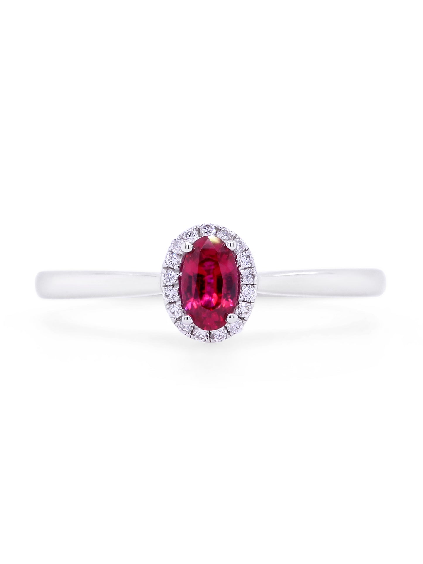 Oval Ruby & Diamond Halo Ring, 18K White Gold.