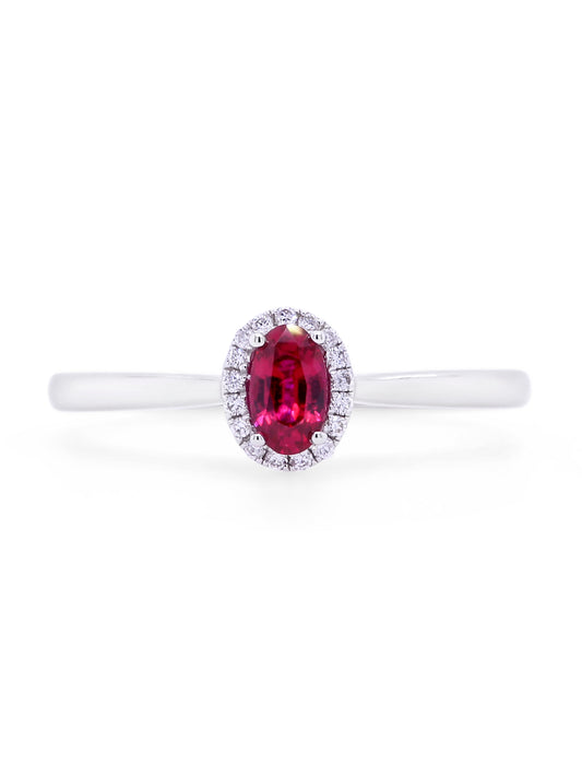 Oval Ruby & Diamond Halo Ring, 18K White Gold.