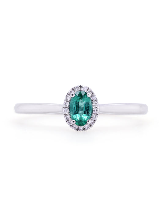 Oval Emerald & Diamond Halo Ring, 18K White Gold.