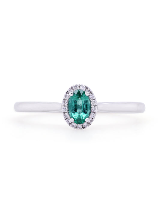 Oval Emerald & Diamond Halo Ring, 18K White Gold.