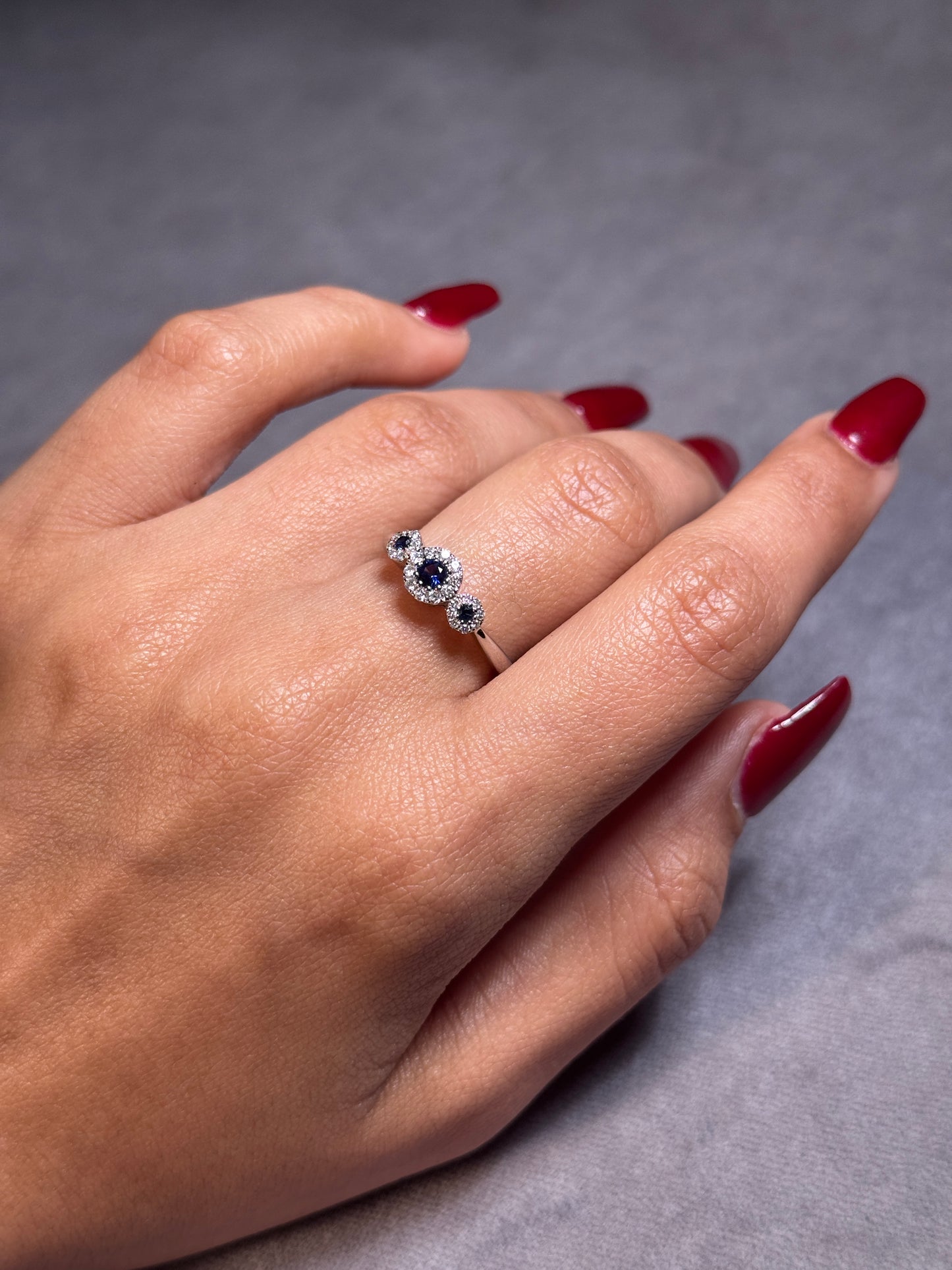 Sapphire & Diamond Halo Trilogy Ring, 18K White Gold.