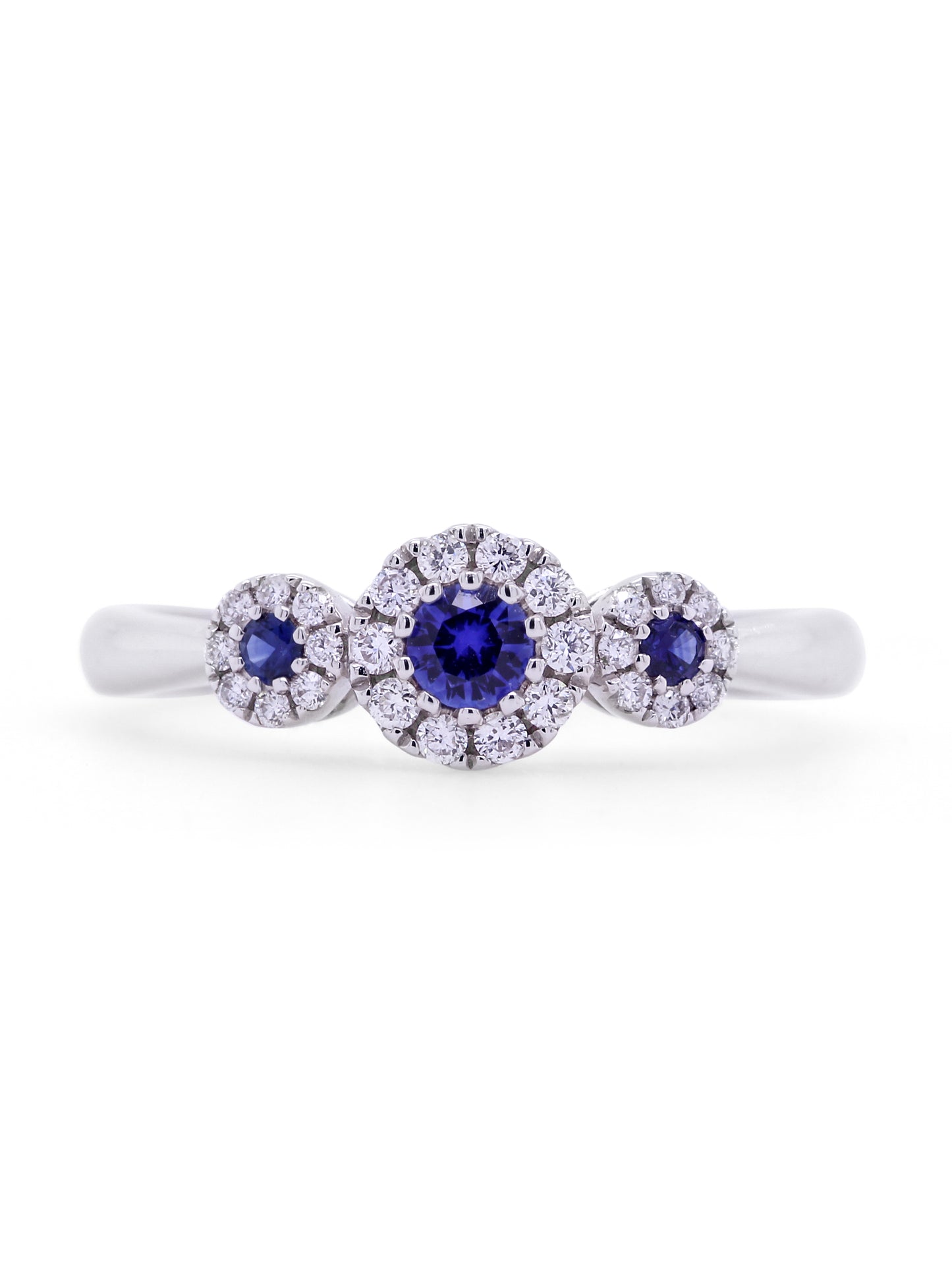 Sapphire & Diamond Halo Trilogy Ring, 18K White Gold.