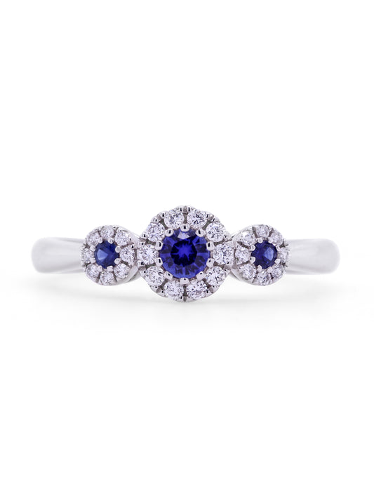 Sapphire & Diamond Halo Trilogy Ring, 18K White Gold.
