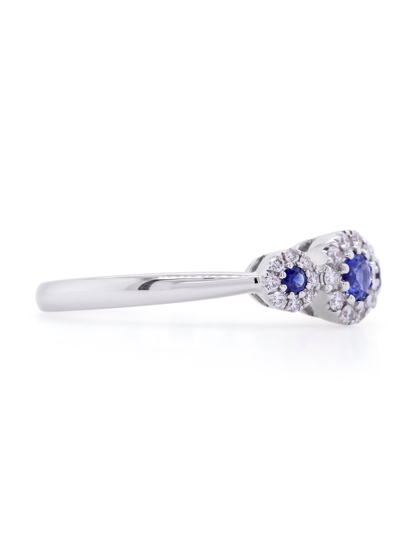 Sapphire & Diamond Halo Trilogy Ring, 18K White Gold.