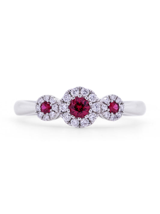 Ruby & Diamond Halo Trilogy Ring, 18K White Gold.