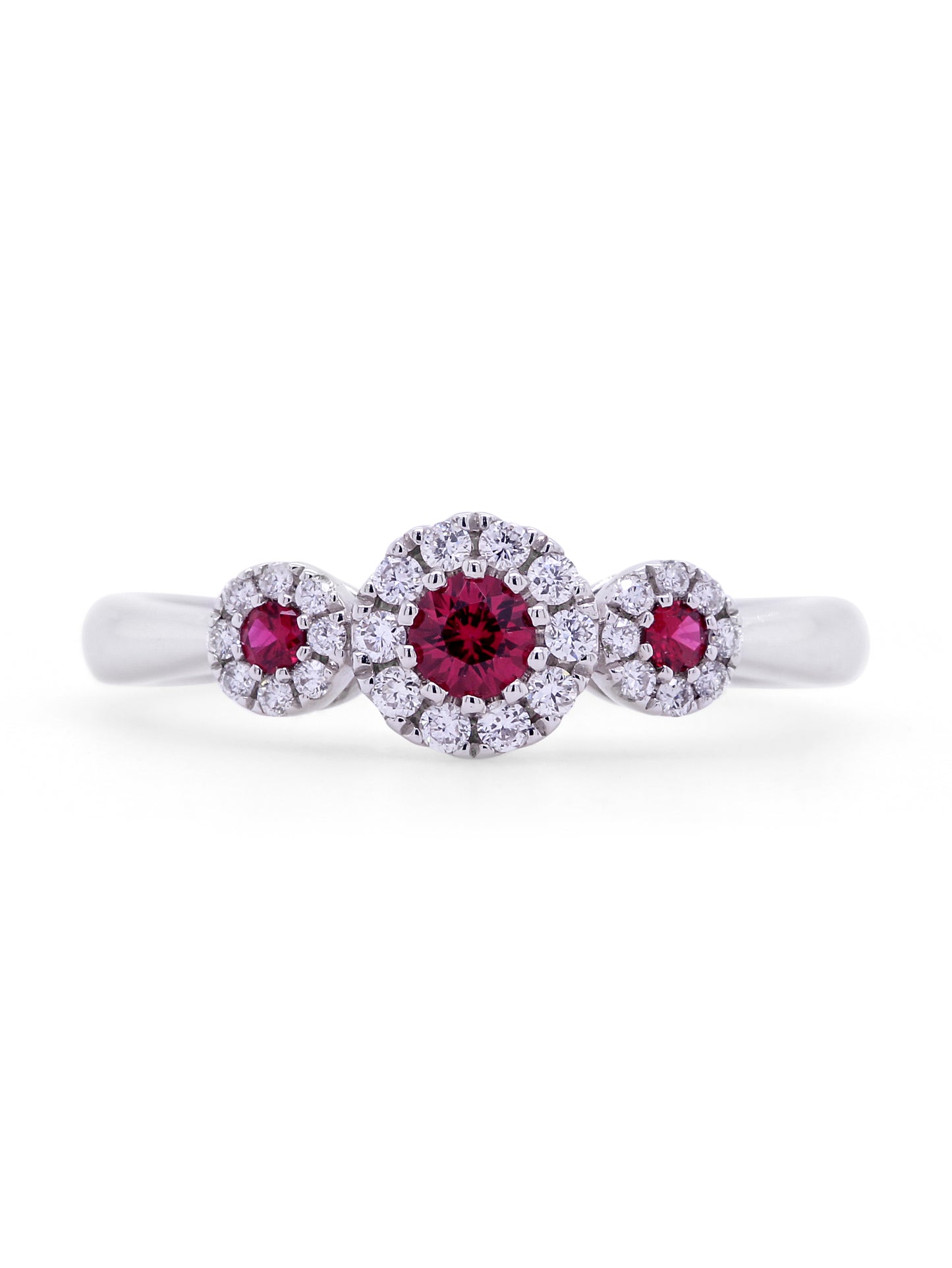 Ruby & Diamond Halo Trilogy Ring, 18K White Gold.